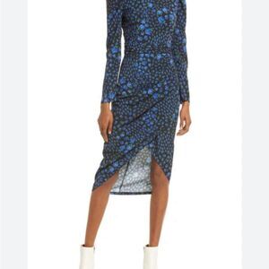 Saylor Aphrodite Blue Floral Long Sleeve Puff Shoulder Tulip Hem Dress- Small